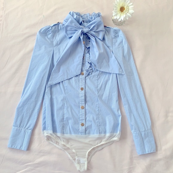 B.C. VOGA Tops - B.C. VOGA blouse/bodysuit, size M, bowtie, blue/white stripes, gold button, NWOT